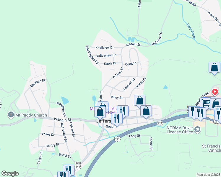 map of restaurants, bars, coffee shops, grocery stores, and more near 124 Thomas Street in Jefferson