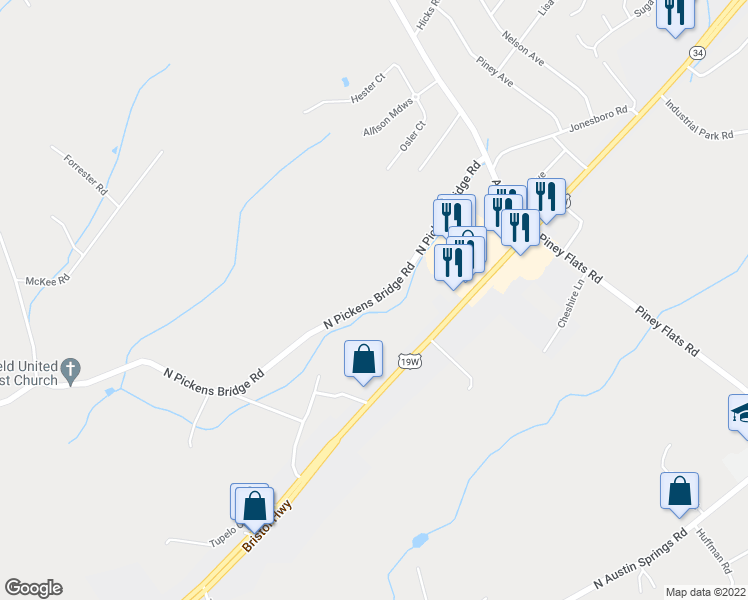 map of restaurants, bars, coffee shops, grocery stores, and more near 6632 North Pickens Bridge Road in Piney Flats