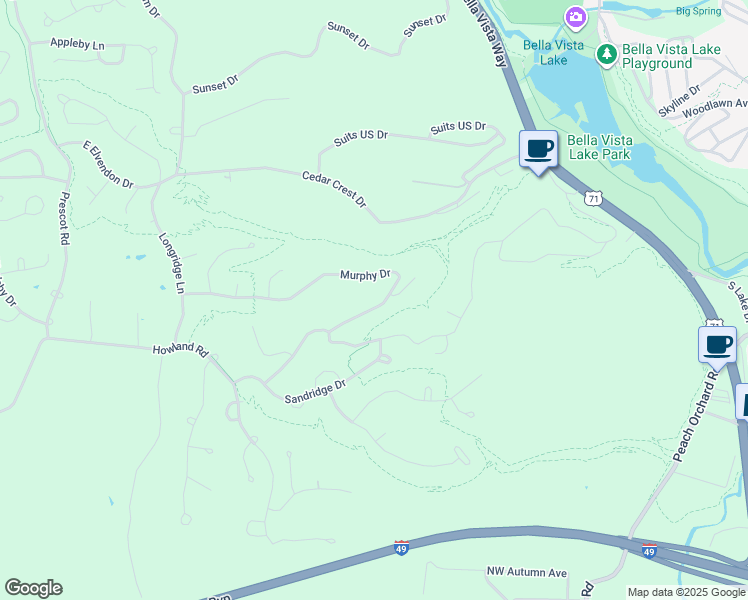 map of restaurants, bars, coffee shops, grocery stores, and more near 54 Murphy Drive in Bella Vista