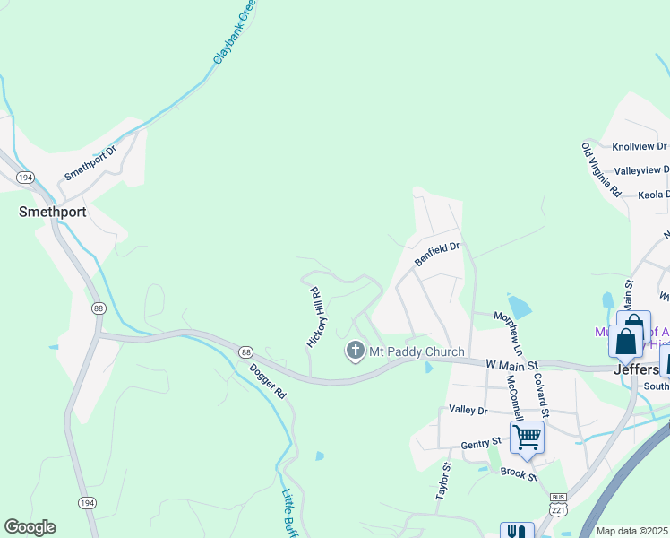 map of restaurants, bars, coffee shops, grocery stores, and more near 551 Hickory Hill Road in Jefferson