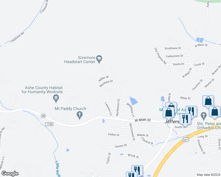 map of restaurants, bars, coffee shops, grocery stores, and more near 129 Cherry Hill Ridge in Jefferson