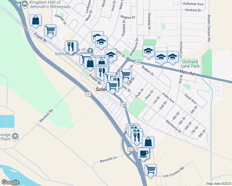 map of restaurants, bars, coffee shops, grocery stores, and more near 947 Front Street in Soledad