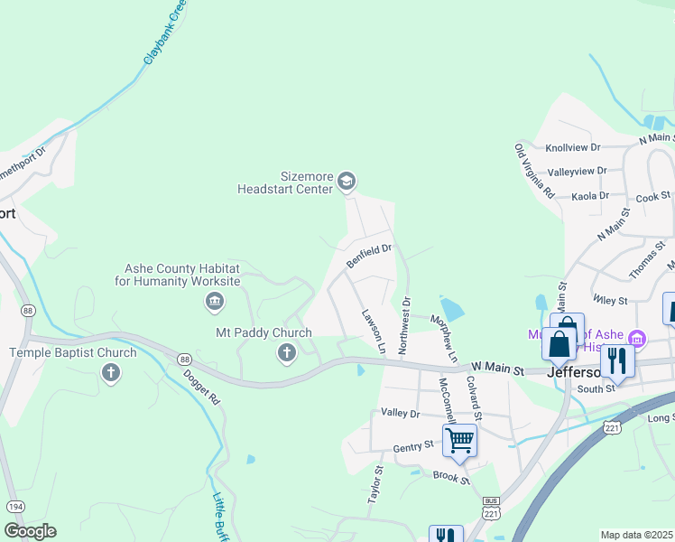 map of restaurants, bars, coffee shops, grocery stores, and more near 125 Benfield Drive in Jefferson