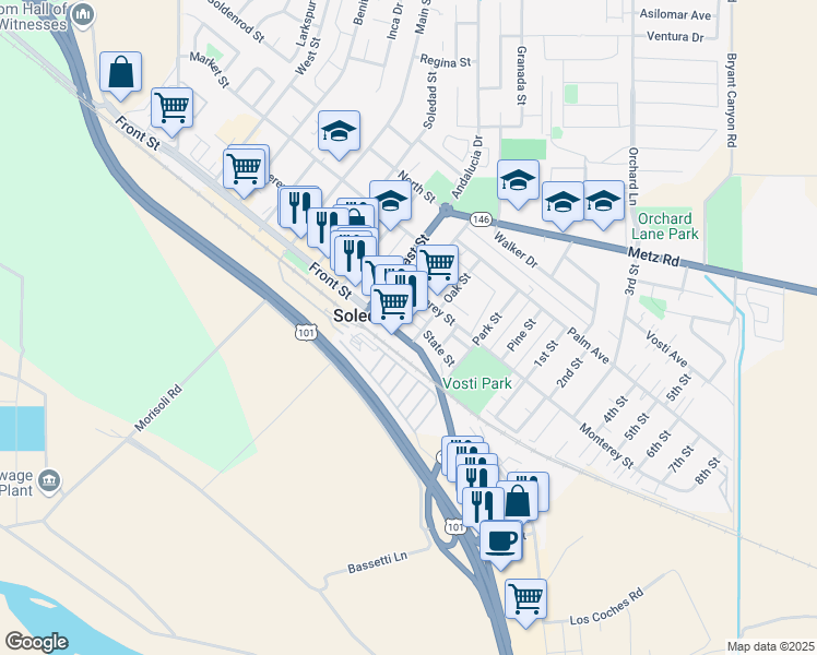 map of restaurants, bars, coffee shops, grocery stores, and more near 955 Front Street in Soledad