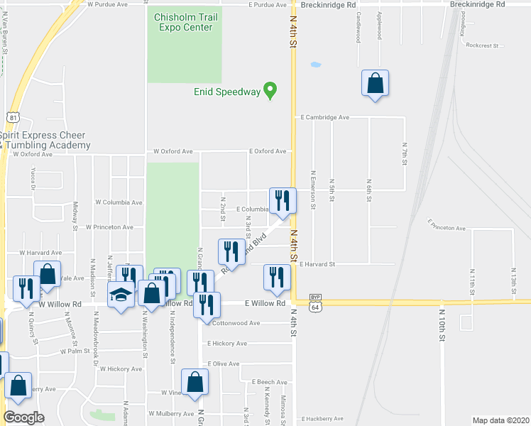 map of restaurants, bars, coffee shops, grocery stores, and more near 319 East Columbia Avenue in Enid