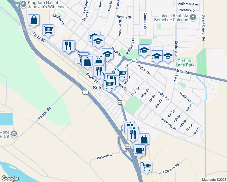 map of restaurants, bars, coffee shops, grocery stores, and more near 947 Front Street in Soledad