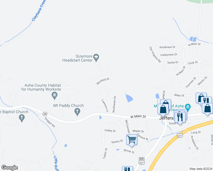 map of restaurants, bars, coffee shops, grocery stores, and more near 129 Cherry Hill Ridge in Jefferson