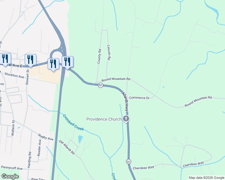 map of restaurants, bars, coffee shops, grocery stores, and more near 710 Allardt Highway in Jamestown
