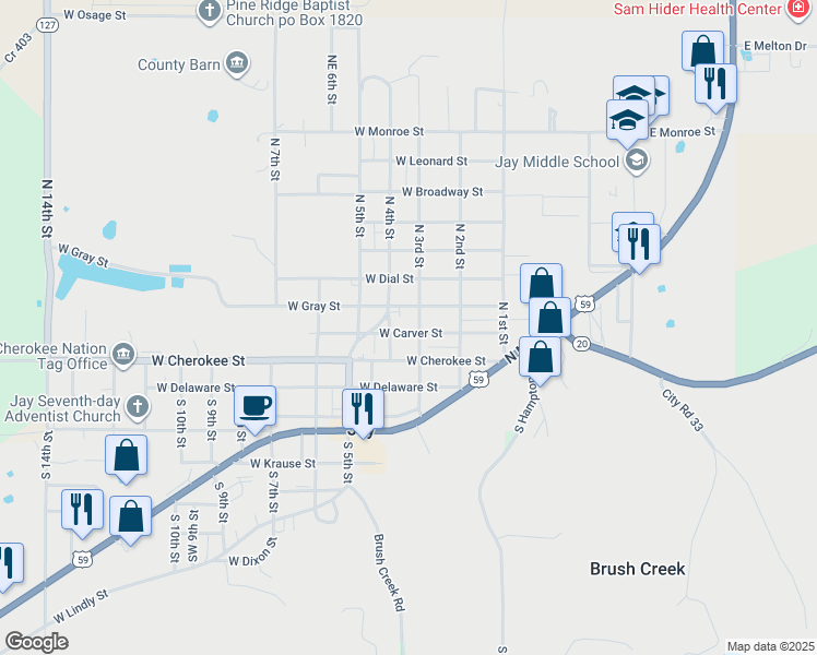 map of restaurants, bars, coffee shops, grocery stores, and more near 303 West Carver Street in Jay