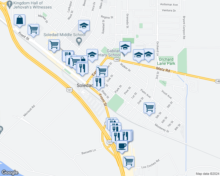 map of restaurants, bars, coffee shops, grocery stores, and more near 1062 Monterey Street in Soledad