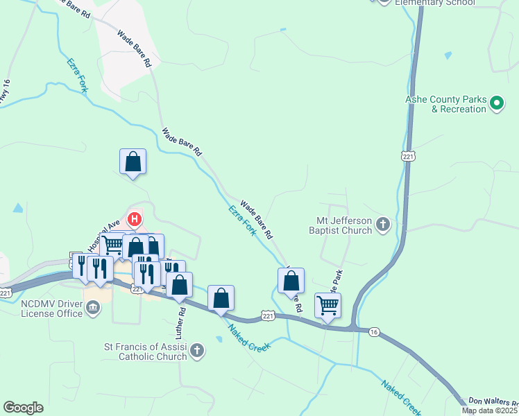 map of restaurants, bars, coffee shops, grocery stores, and more near 508 Wade Bare Road in Jefferson