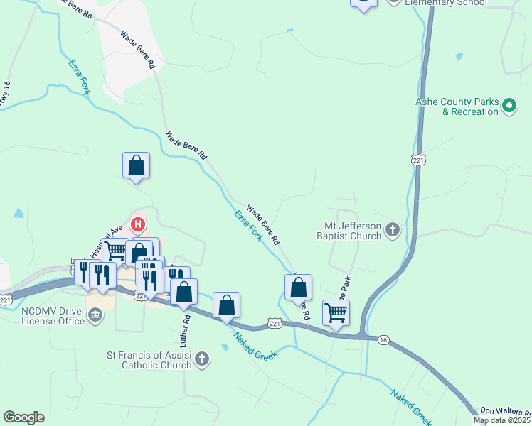 map of restaurants, bars, coffee shops, grocery stores, and more near 508 Wade Bare Road in Jefferson