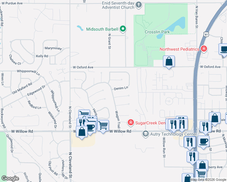 map of restaurants, bars, coffee shops, grocery stores, and more near 1825 Denim Lane in Enid