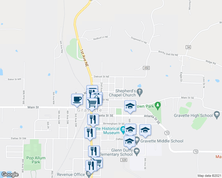 map of restaurants, bars, coffee shops, grocery stores, and more near 302 Boston Street Northeast in Gravette