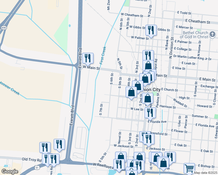 map of restaurants, bars, coffee shops, grocery stores, and more near 305 South 6th Street in Union City