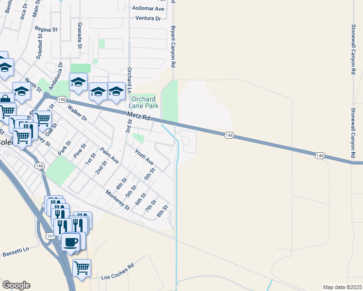 map of restaurants, bars, coffee shops, grocery stores, and more near 423 San Diego Place in Soledad