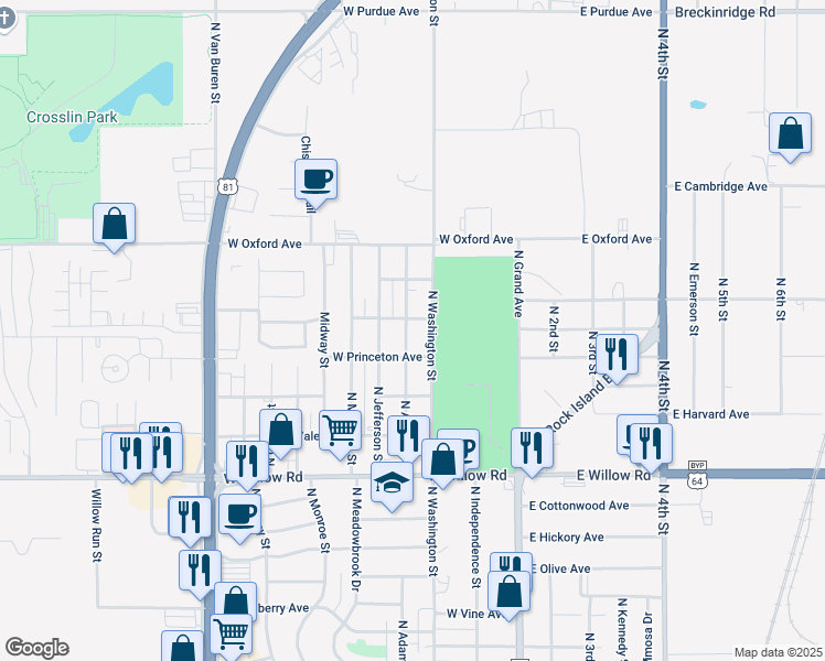 map of restaurants, bars, coffee shops, grocery stores, and more near 2725 North Adams Street in Enid
