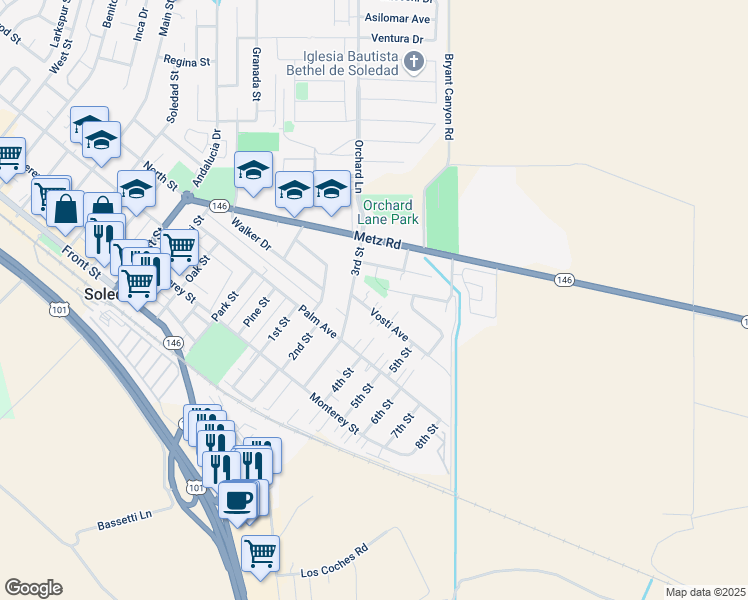 map of restaurants, bars, coffee shops, grocery stores, and more near 1517 Vosti Avenue in Soledad