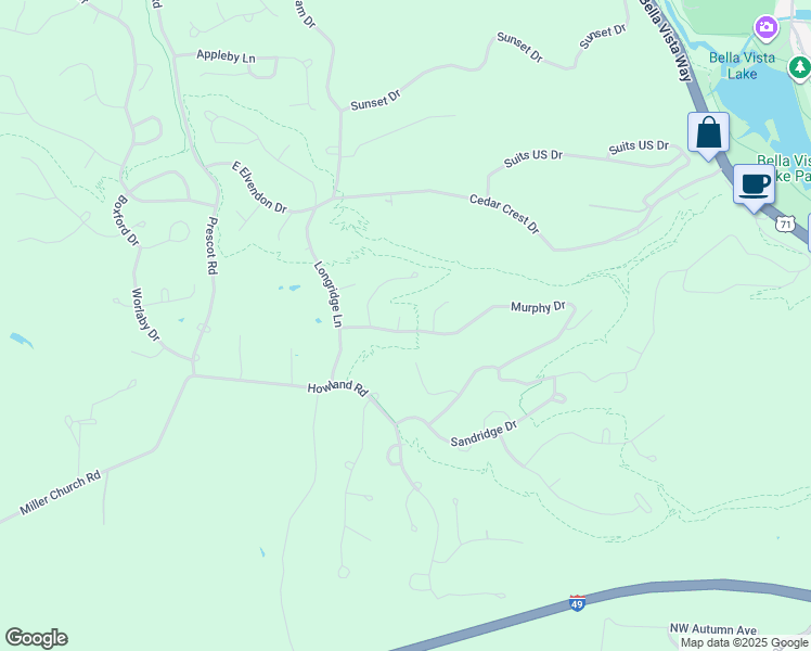 map of restaurants, bars, coffee shops, grocery stores, and more near 7 Murphy Drive in Bella Vista