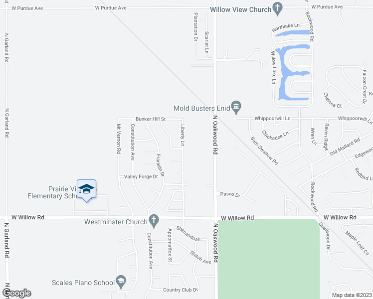 map of restaurants, bars, coffee shops, grocery stores, and more near 2729 Liberty Lane in Enid