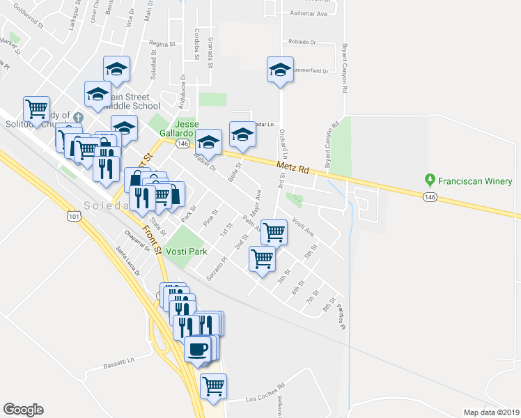 map of restaurants, bars, coffee shops, grocery stores, and more near 316 Major Avenue in Soledad