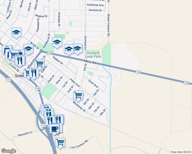 map of restaurants, bars, coffee shops, grocery stores, and more near 1572 Munras Street in Soledad