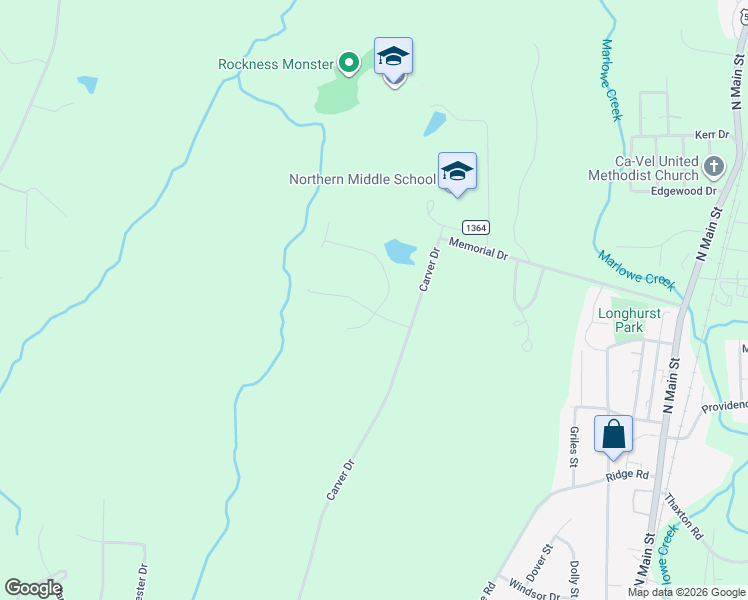 map of restaurants, bars, coffee shops, grocery stores, and more near 123 Denada Path in Roxboro