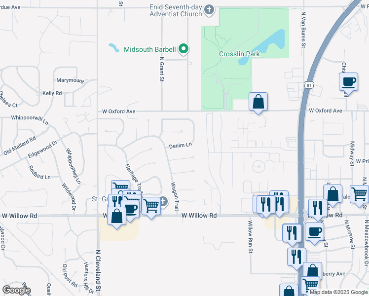 map of restaurants, bars, coffee shops, grocery stores, and more near 1801 Denim Ln in Enid