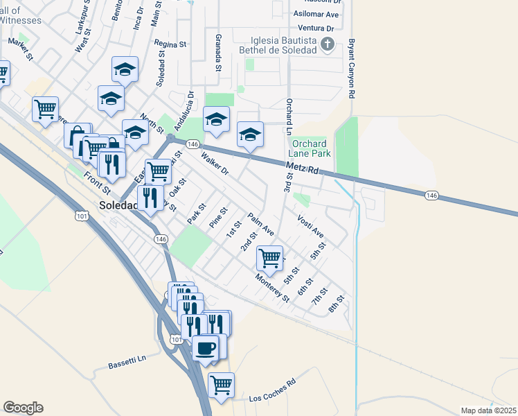 map of restaurants, bars, coffee shops, grocery stores, and more near 316 Major Avenue in Soledad