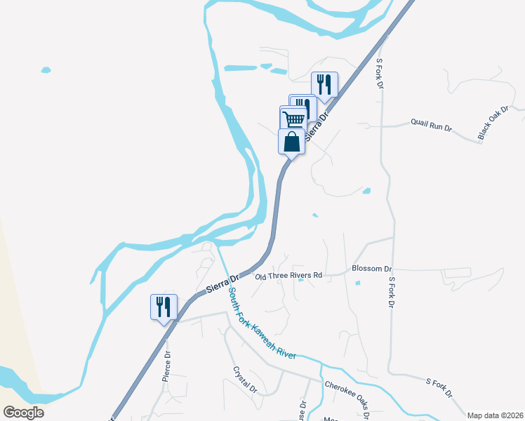 map of restaurants, bars, coffee shops, grocery stores, and more near 40757 Sierra Dr in Three Rivers