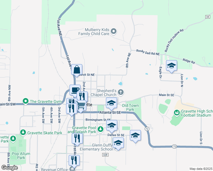 map of restaurants, bars, coffee shops, grocery stores, and more near 406 Boston Street Northeast in Gravette