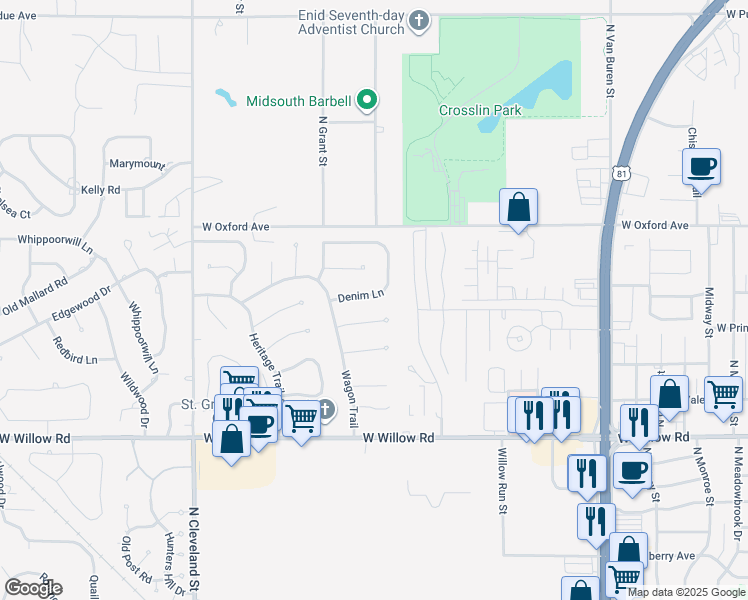 map of restaurants, bars, coffee shops, grocery stores, and more near 1801 Denim Lane in Enid