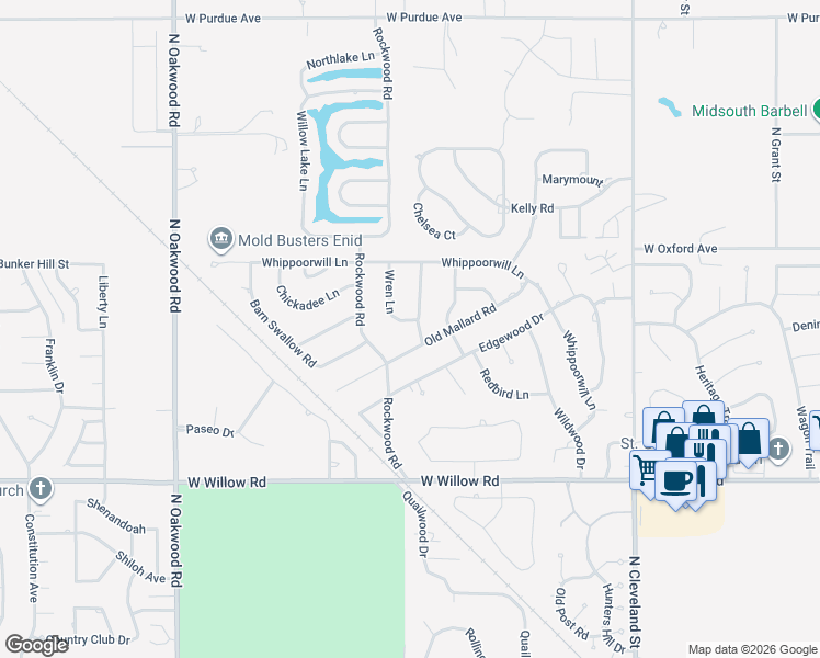 map of restaurants, bars, coffee shops, grocery stores, and more near 3001 Wren Lane in Enid
