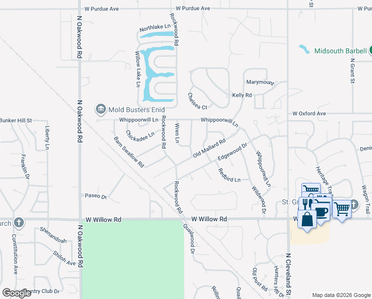 map of restaurants, bars, coffee shops, grocery stores, and more near 3001 Wren Lane in Enid