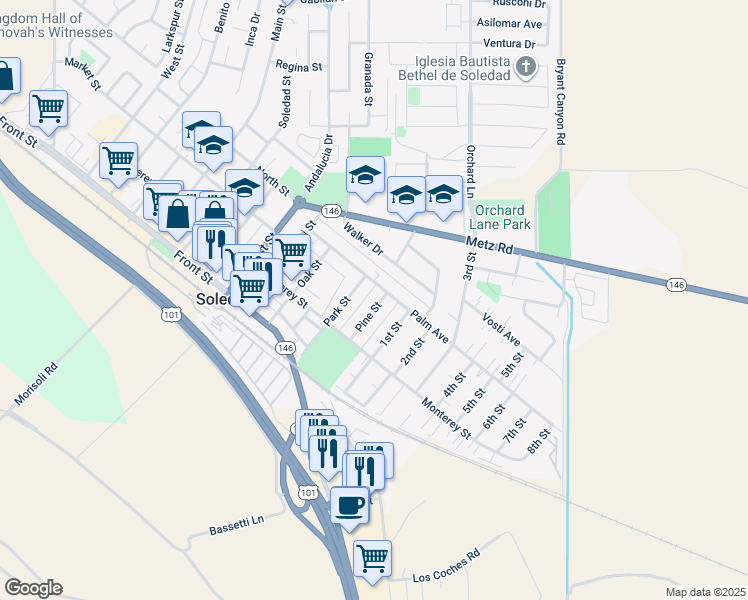 map of restaurants, bars, coffee shops, grocery stores, and more near 281 Pine Street in Soledad