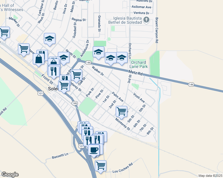 map of restaurants, bars, coffee shops, grocery stores, and more near 1243 Palm Avenue in Soledad