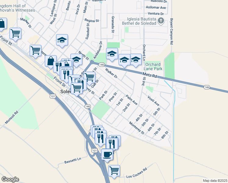 map of restaurants, bars, coffee shops, grocery stores, and more near 281 Pine Street in Soledad