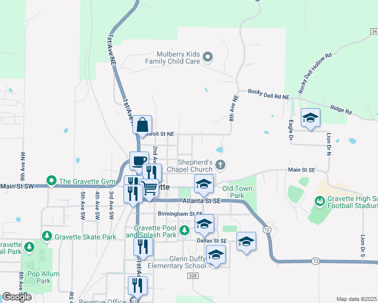 map of restaurants, bars, coffee shops, grocery stores, and more near 406 Boston Street Northeast in Gravette