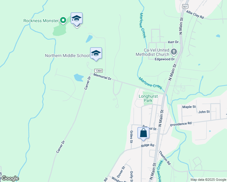 map of restaurants, bars, coffee shops, grocery stores, and more near 1574 Red Oak Drive in Roxboro