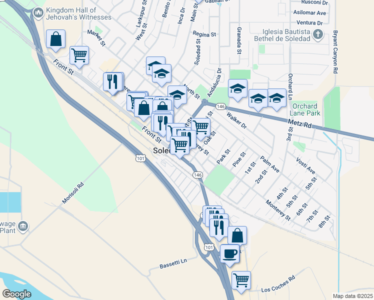 map of restaurants, bars, coffee shops, grocery stores, and more near 136 Dixi Street in Soledad