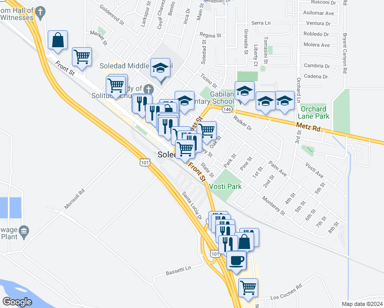 map of restaurants, bars, coffee shops, grocery stores, and more near 136 Dixi Street in Soledad