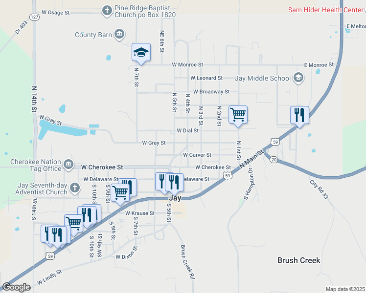 map of restaurants, bars, coffee shops, grocery stores, and more near 303 West Carver Street in Jay