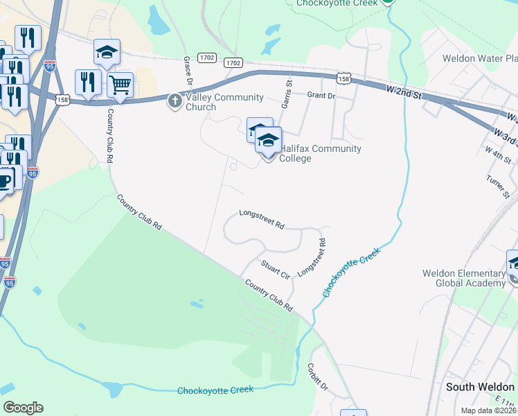 map of restaurants, bars, coffee shops, grocery stores, and more near 32 Longstreet Road in Weldon