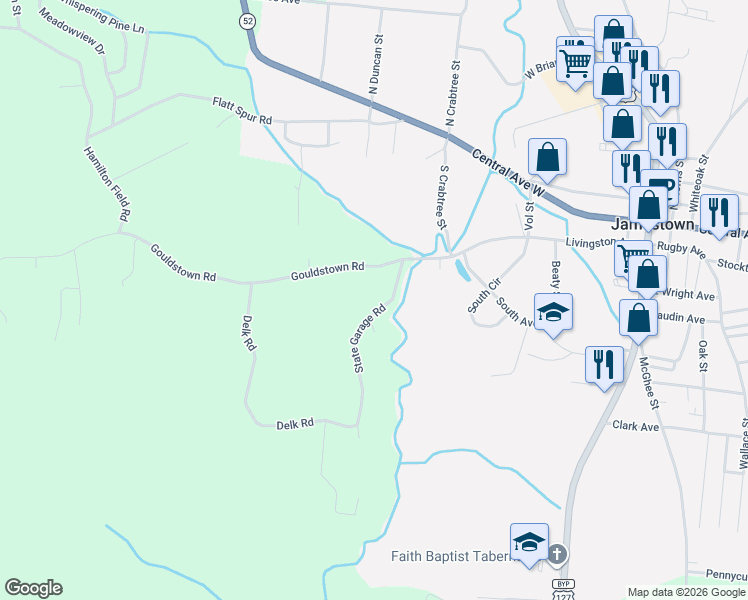 map of restaurants, bars, coffee shops, grocery stores, and more near 112 State Garage Road in Jamestown