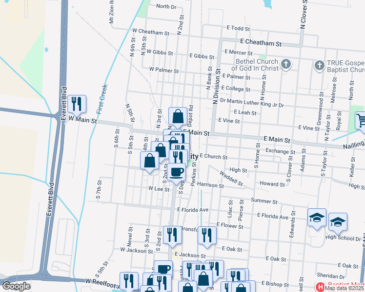 map of restaurants, bars, coffee shops, grocery stores, and more near 118 South 1st Street in Union City