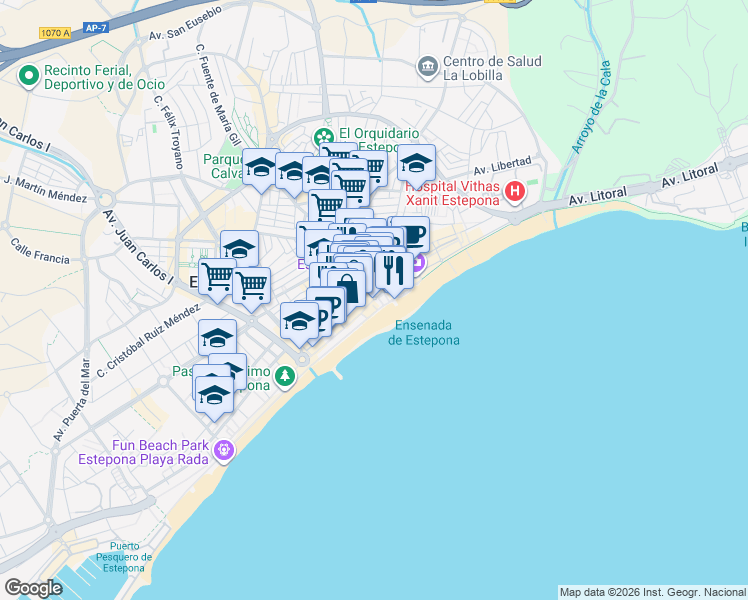 map of restaurants, bars, coffee shops, grocery stores, and more near 168 Avenida Andalucía in Estepona
