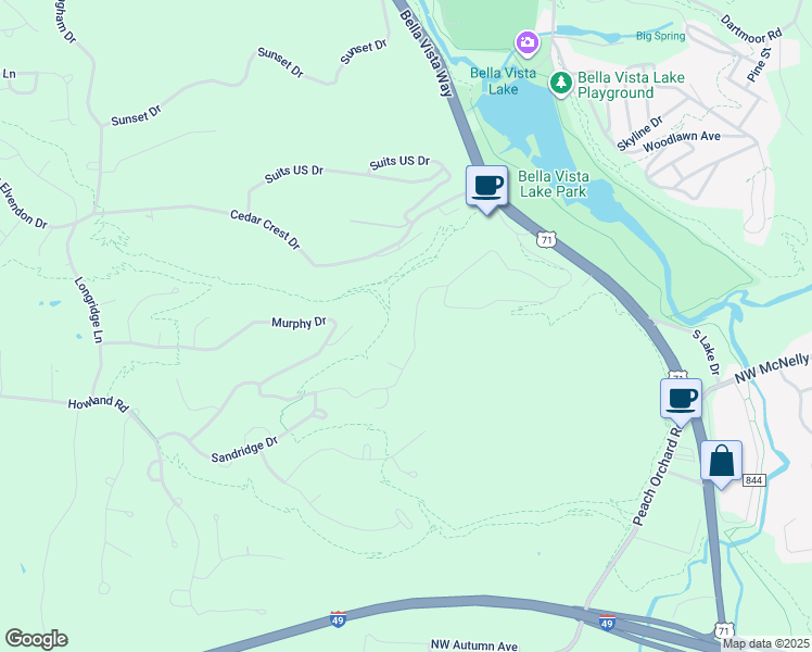 map of restaurants, bars, coffee shops, grocery stores, and more near 99 Murphy Drive in Bella Vista