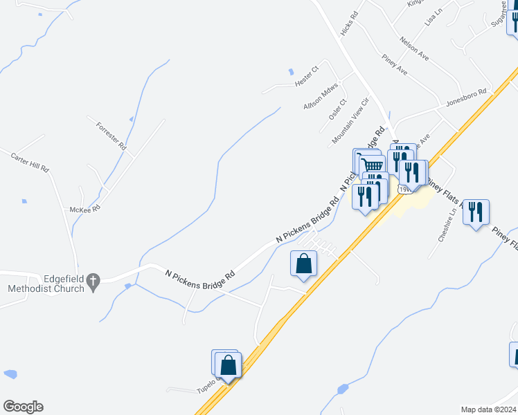 map of restaurants, bars, coffee shops, grocery stores, and more near 426 North Pickens Bridge Road in Piney Flats