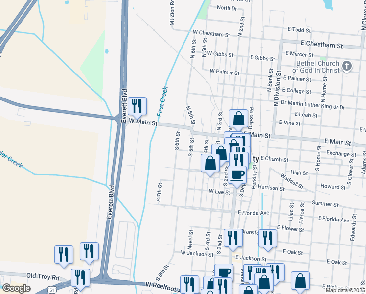 map of restaurants, bars, coffee shops, grocery stores, and more near 310 South 6th Street in Union City