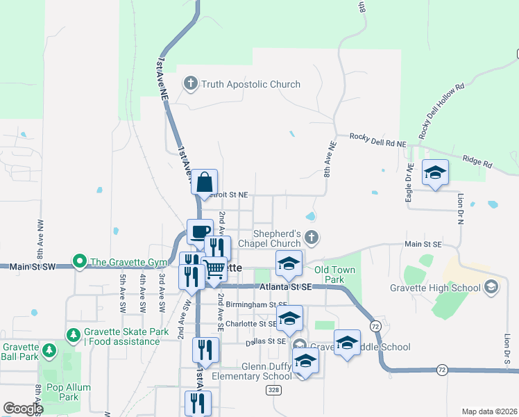 map of restaurants, bars, coffee shops, grocery stores, and more near 406 Boston Street Northeast in Gravette